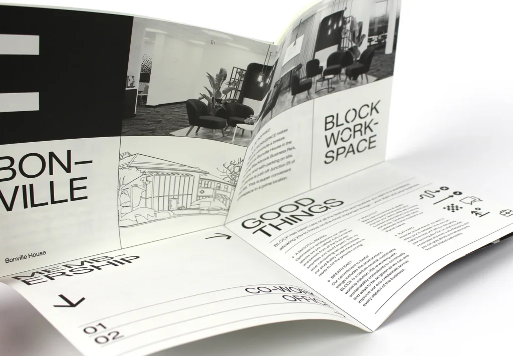 Folding brochure with a sleek modern design in black and white, showcasing clean lines and minimalist style, ideal for professional presentations or marketing materials.