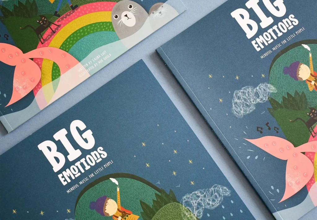 A close up of story book printed for children about big emotions showing the high print quality.