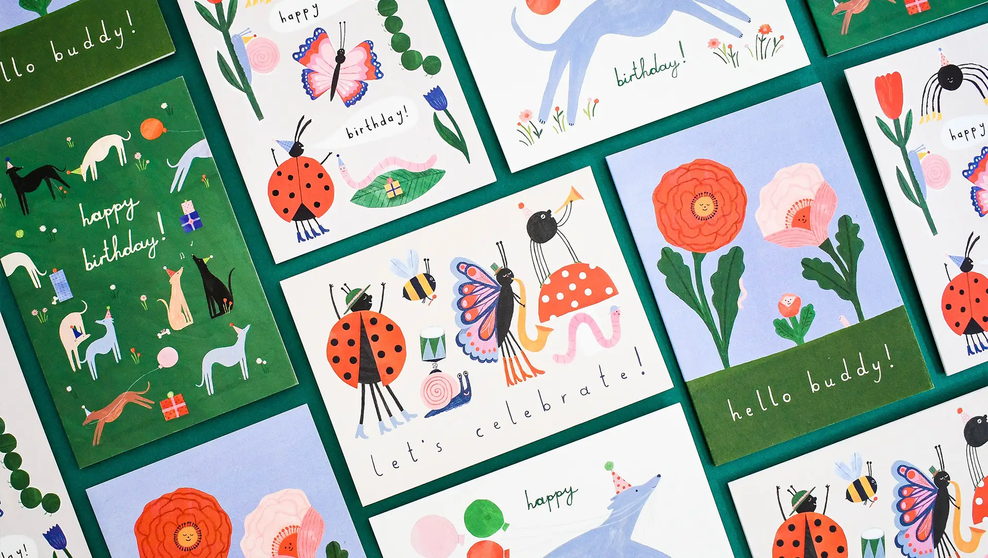 A collection of greetings cards illustrated in a fun style.