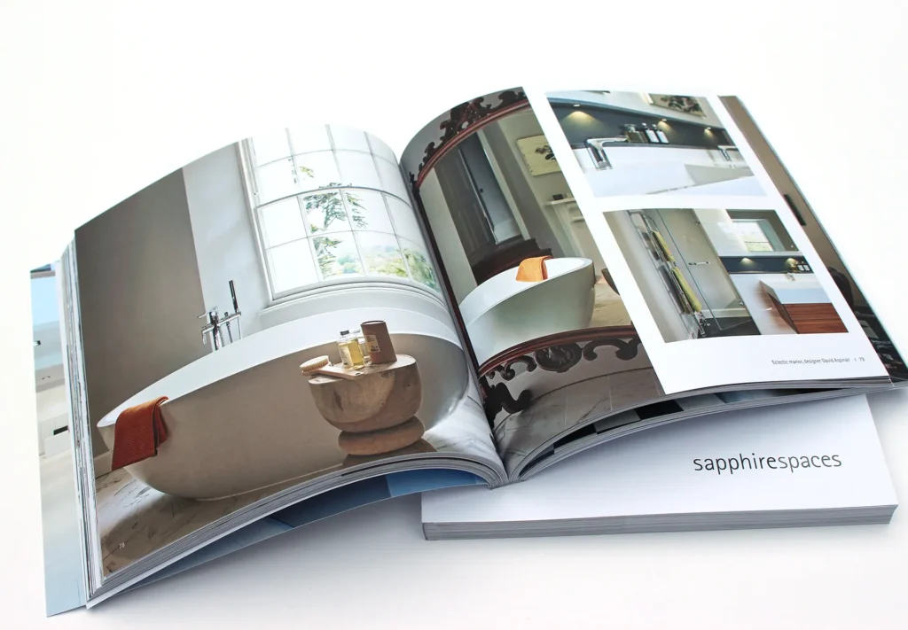 Contemporary interior design brochure featuring sleek layouts and modern aesthetics.