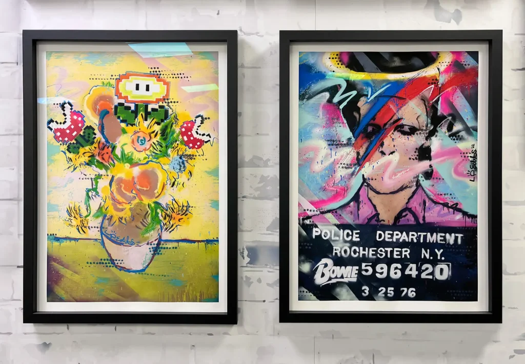 Two framed prints inspired by street art, showcasing vibrant designs with themes drawn from popular culture, perfect for modern interiors and urban art lovers.