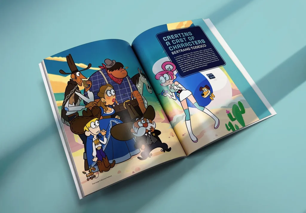 An open spread on a high-quality magazine print featuring vibrant illustrations.