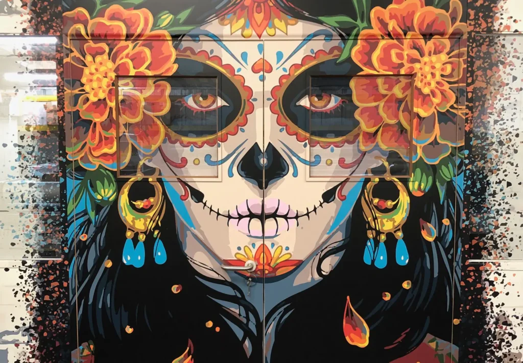 Large wall vinyl wrap showcasing vibrant Mexican Day of the Dead artwork, featuring colourful and intricate designs.