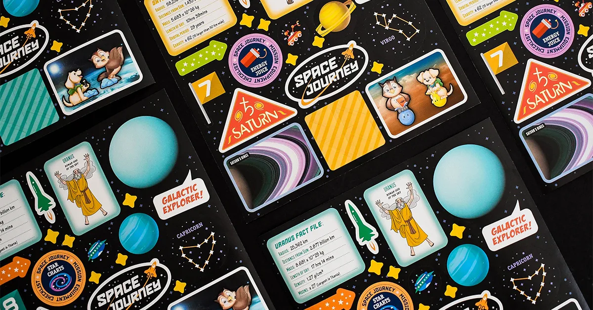 A large sheet of multiple space themed stickers.