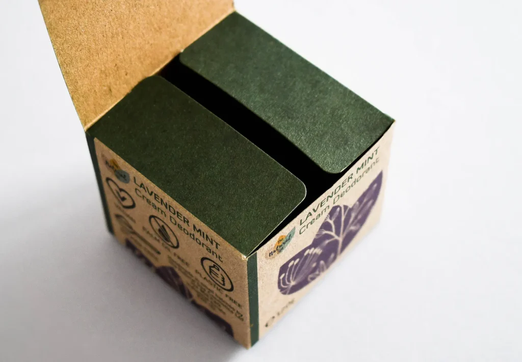 the top of a stunning deodorant box printed on kraft paper, giving it a natural and eco-friendly look, ideal for environmentally-conscious consumers seeking sustainable packaging solutions.