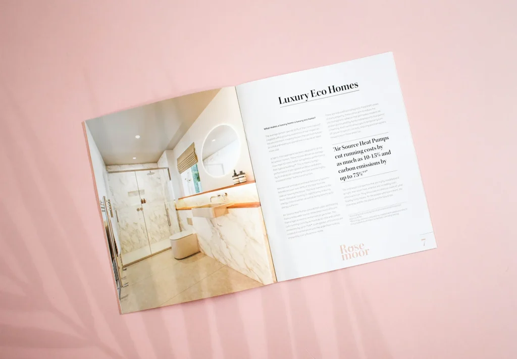 The inside pages of a magazine featuring Rose Moor Eco Homes, highlighting sustainable living and eco-friendly innovations.