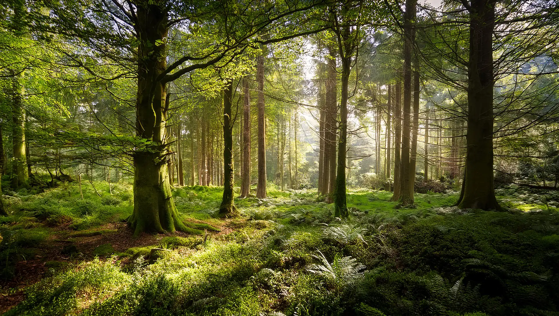 Sunlight streaming through a lush, green forest on a clear day, highlighting the beauty of nature and promoting an environmentally friendly lifestyle.