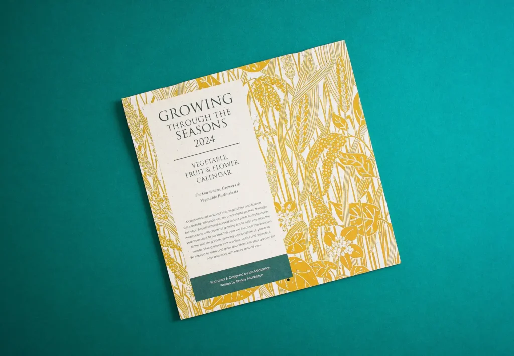 Front cover of the 'Growing Through the Seasons' calendar, featuring a stunning hand-carved linocut illustration of plants, celebrating nature’s growth through each season.