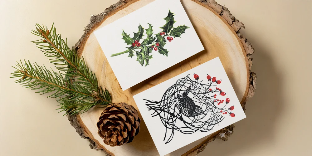 Two beautiful illustrated Christmas cards featuring festive designs.