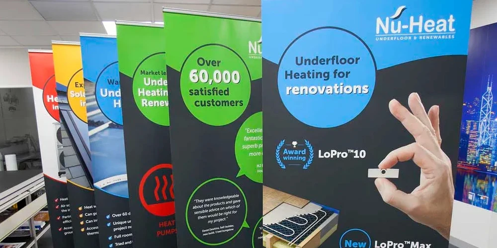 A selection of bright roller banners perfect for a trade show.